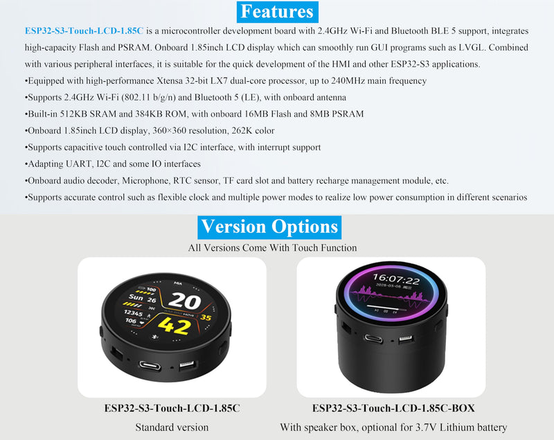 ESP32-S3 with 1.85inch Touch Round LCD Development Board, 360x360, Supports Wi-Fi & BLE 5, AI Speech, Smart Speaker Box,Supports AI Speech Interaction and Offline Voice Control, with 8Ω 2W Speaker