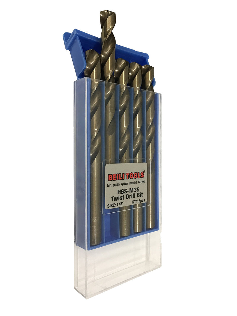 BEILI Tools HSS M35 Cobalt Twist Drill Bits, Pack of 5 (12.7mm, 1/2") 12.7mm(1/2")