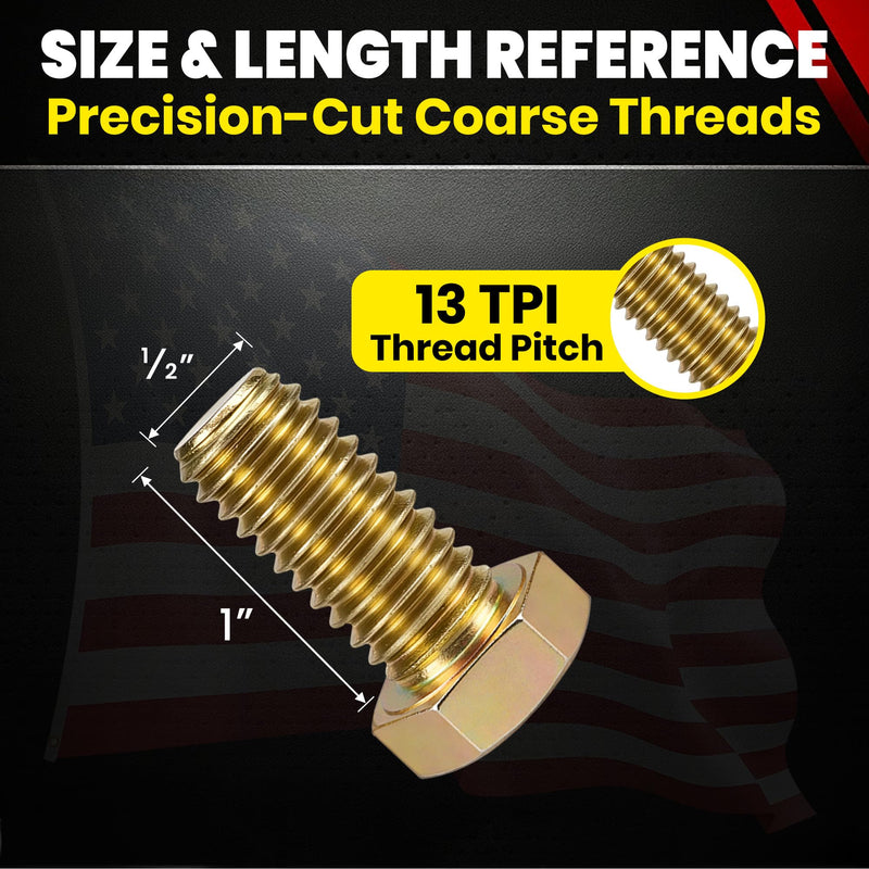 Chenango Supply 1/2-13 x 1 Grade 8 Hex Head Bolts – Alloy Steel, Yellow Zinc Chromate, USS Coarse Thread, High-Strength Hex Head Cap Screws, (25 Pieces, 1/2-13 x 1 G8) 25 1/2-13x1