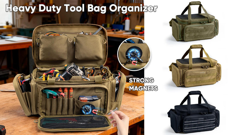 Tool Bag Organizer with Strong Magnets, Tactical Tool Tote for Electricians Khaki Medium