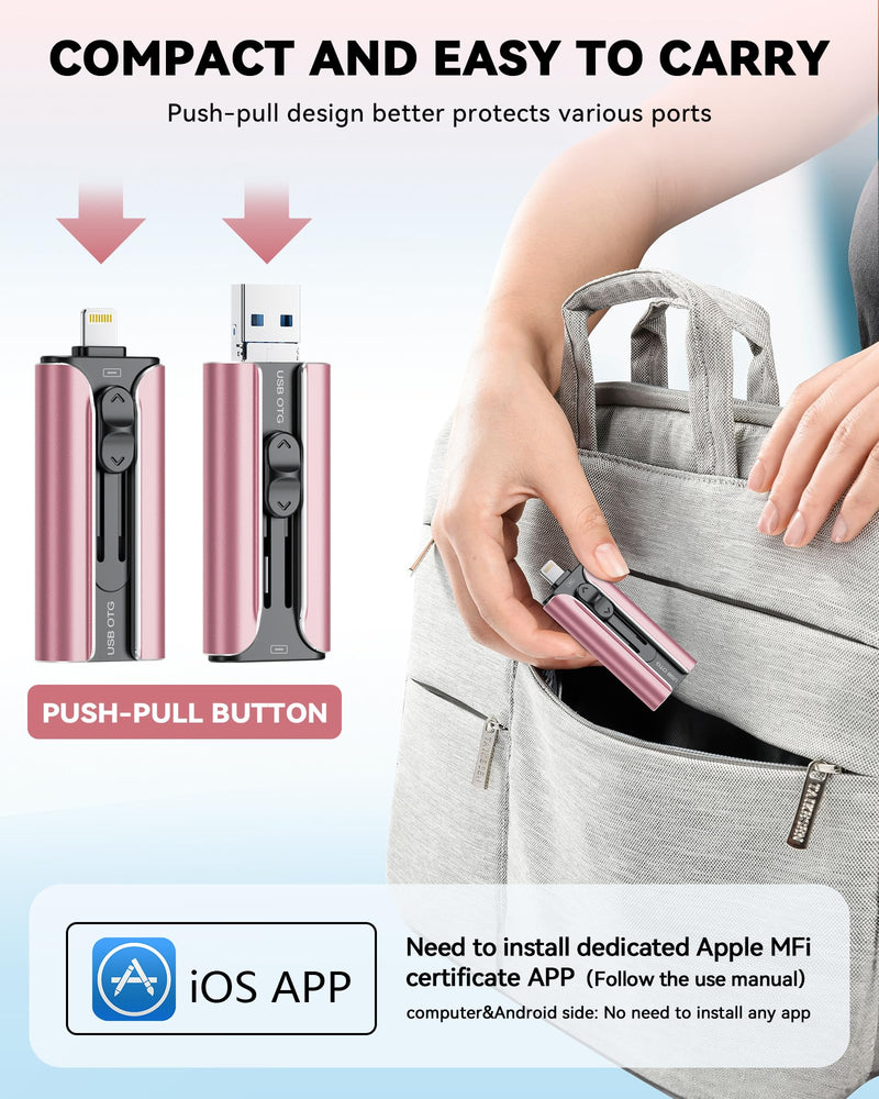 MFi Certified 256GB Flash Drive for iPhone USB Memory Stick Thumb Drives, High Speed USB Stick iPhone Flash Drive for Photos Videos,Photo Stick External Storage for iPhone/iPad/Android/Laptop (Pink) Pink Rose