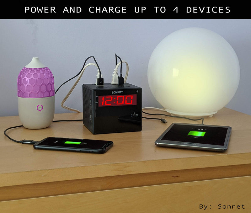 Sonnet Alarm Clock Charging Station, Bluetooth Speaker, AM FM Radio, Dual USB Charging Ports, Dual AC Outlets, Very Loud Alarm Clock for Heavy Sleepers and The Hearing Impaired for Desk, Bedroom R1415BT-BLUETOOTH