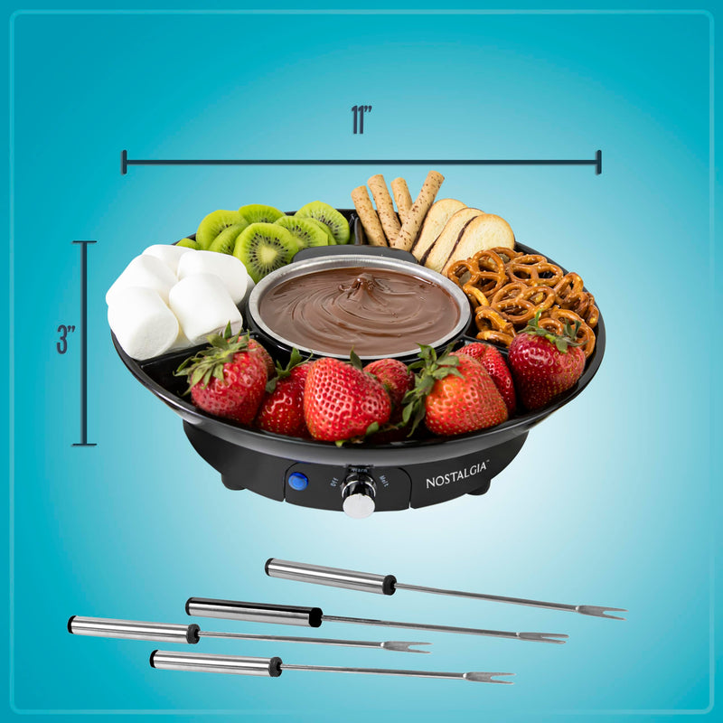Nostalgia Electric Fondue Party Set – 10 oz Melting Pot, 4 Roasting Forks, & Detachable Serving Tray – Melted Cheese, Chocolate, or Dessert – Perfect for Gifts, Parties, Date Night – Black 10 Ounce Black