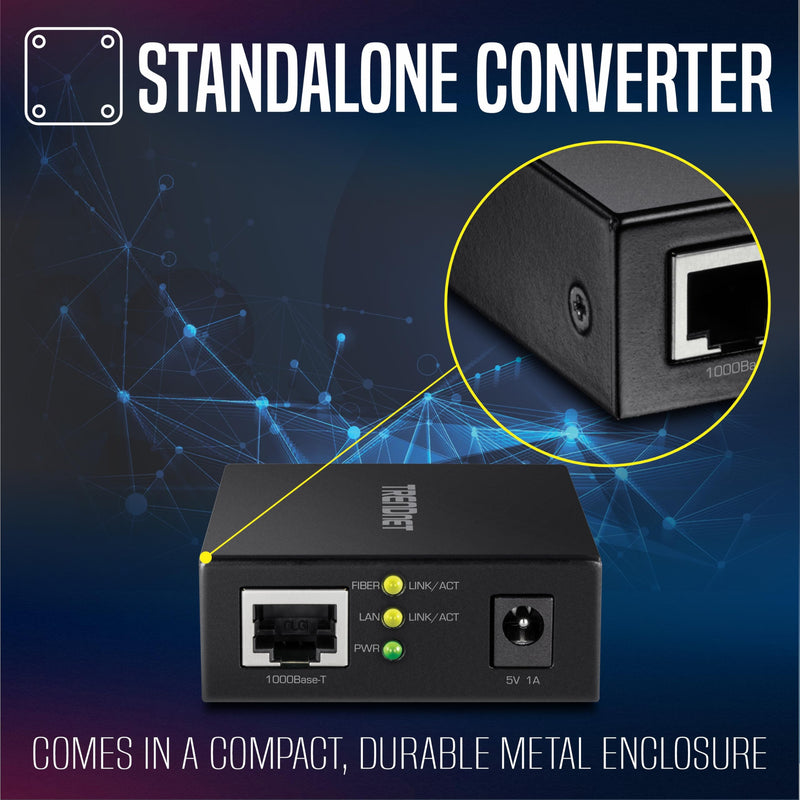 TRENDnet 1000Base-T to SFP Fiber Media Converter, Compact Design, 1000Base-T RJ-45 Port, 1000Base-SX/Lx SFP Slot, Mini Gbic, Multimode, Single-Mode, Full-Duplex Mode, Dual Speed SFP, TFC-GSFP 10/100 Mbps RJ-45|100 Mbps SFP