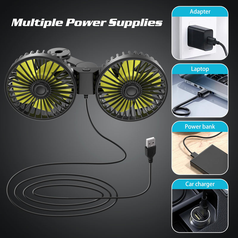 Car Fan for Rear Seat Passenger Dual Head USB Car Seat Fan for Backseat Kids, 360° Rotatable 3 Speeds Air Circulation Fan for Baby, USB Car Fan with Adjustable Clip for Vehicles SUV RV Vehicles USB Backseat Fan
