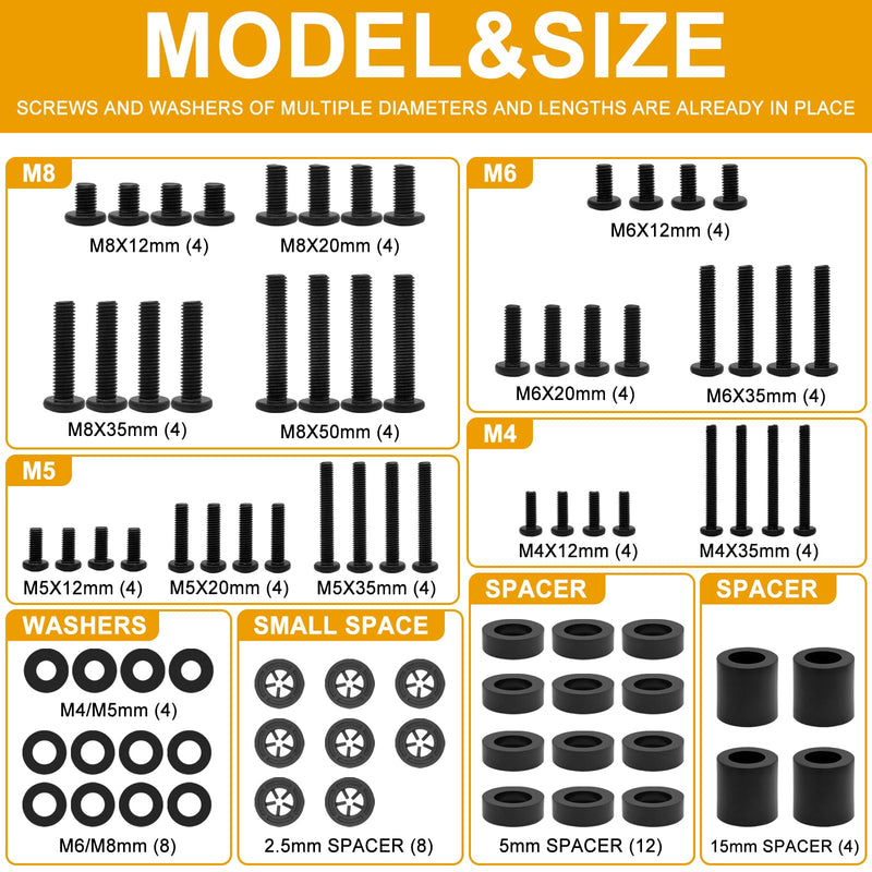 Universal TV Mounting Screws Hardware Kit with Box, Includes M4 M5 M6 M8 Screws, Washers, and Spacers, Compatible with Any TV Wall Mount/Display Up to 80 Inches (Black)