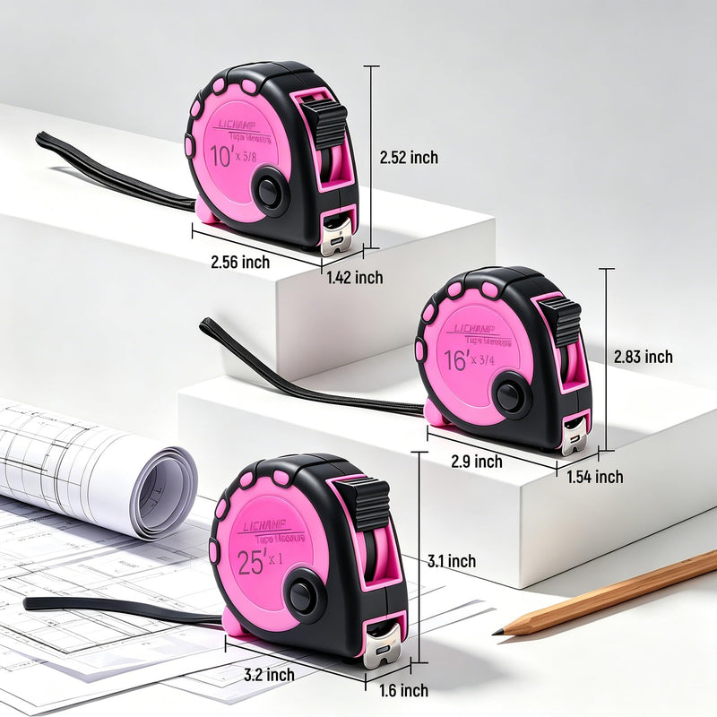 Lichamp Pink Tape Measure 4 Pack, with Soft Tape Measures, 10ft x 5/8in, 16ft x 3/4in, 25ft x 1in, 04MXPK