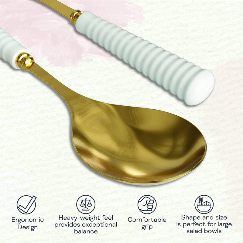 Portmeirion Sophie Conran Salad Servers 10-Inch - Set of 2, Gold Metal Spoons with Fine Porcelain Ripple Handles, Elegant Cutlery for Serving Salads & Dining Presentation