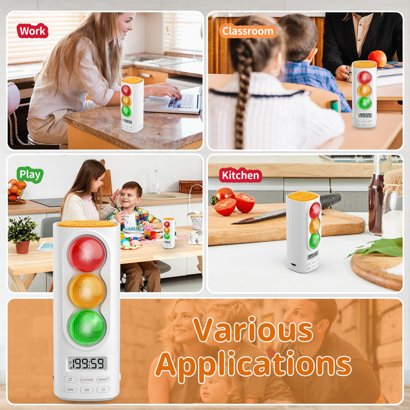 Traffic Light Visual Audio Digital Timer, LCD Display Volume Adjustment, with 4 Ringtones for Kids Classroom Home Kitchen Game Countdown Pause Memory Function Charger Type C Cable Included White