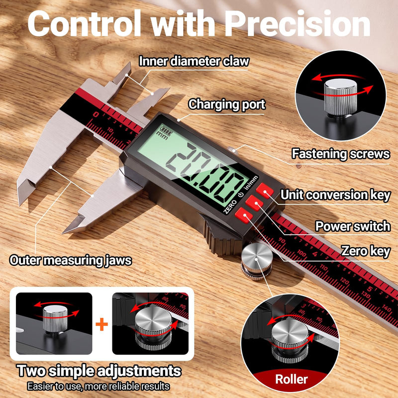 Rechargeable Digital Caliper 200 mm/8 Inch Caliper with LCD Screen, Inch/mm, Stainless Steel Vernier Measuring Tool for DIY, Household, Jewelery Tools, 3D Printer