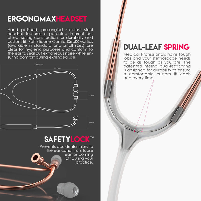 MDF Instruments, Rosegold MD One Stainless Steel Stethoscope, Adult, White Tube, Rosegold Chestpieces-Headset, MDF777RG29 Stainless Steel Rose Gold - White