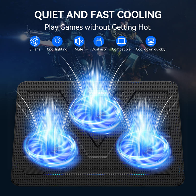 TECKNET Laptop Cooling Pad, Portable Slim Quiet USB Powered Laptop Notebook Cooler Cooling Pad Stand Chill Mat with 3 Blue LED Fans, Fits 12-17 Inches (Black) Black