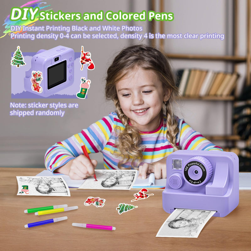 Kids Camera Instant Print Portable Dual-Lens Selfie Cameras with Print Paper & 32G Card, Photo 1080P HD Toddler Digital Printing Camera for 4 5 6 7 8 9 10 Years Old Girls Boys, Purple