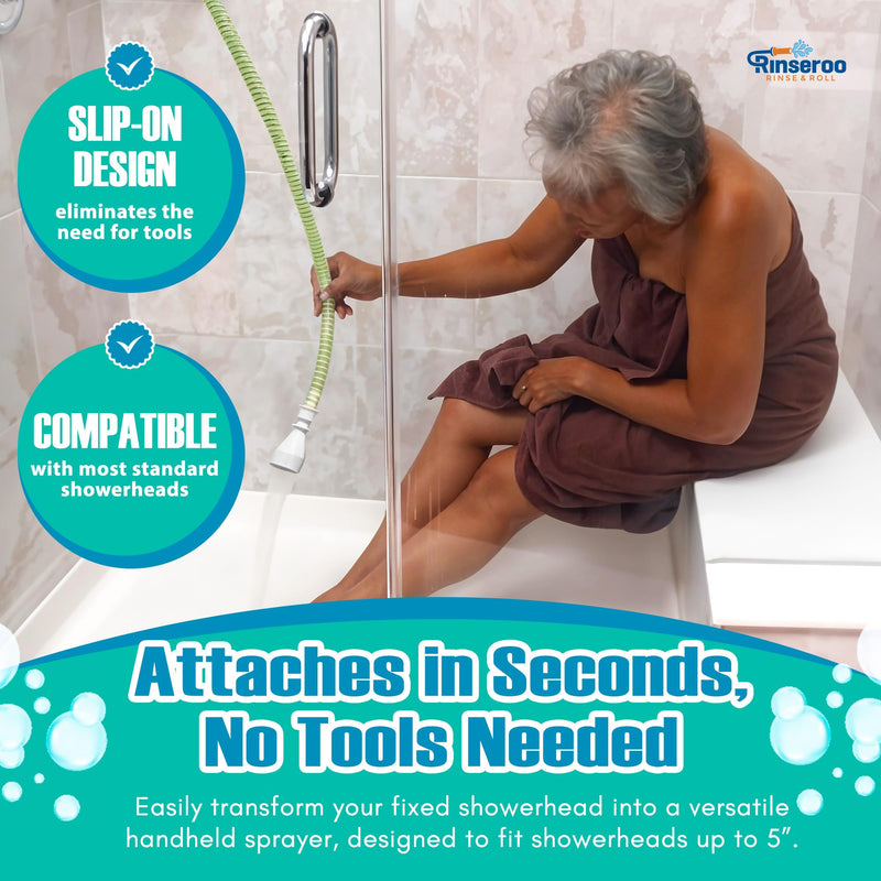 Rinseroo: Slip-On Handheld Shower Attachment Hose w/Spray Head-for Seated Bathing. Converts Fixed Shower Head into Handheld Bather. Portable, No-Install Shower Hose Wand for Seniors, RV. Gravity fed. 5 Feet