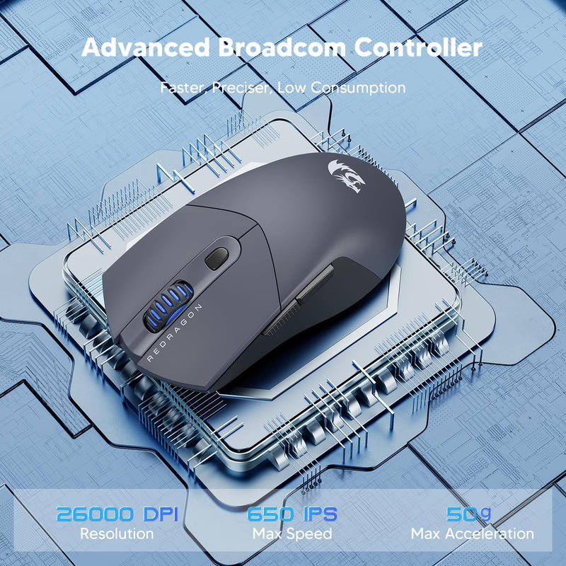 Redragon Wireless Gaming Mouse, Ultra-Light 26K DPI Gaming Mouse Tri-mode Bluetooth Mouse Ergonomic Natural Grip Build, Full Programmable Buttons, Software Supports DIY Keybinds