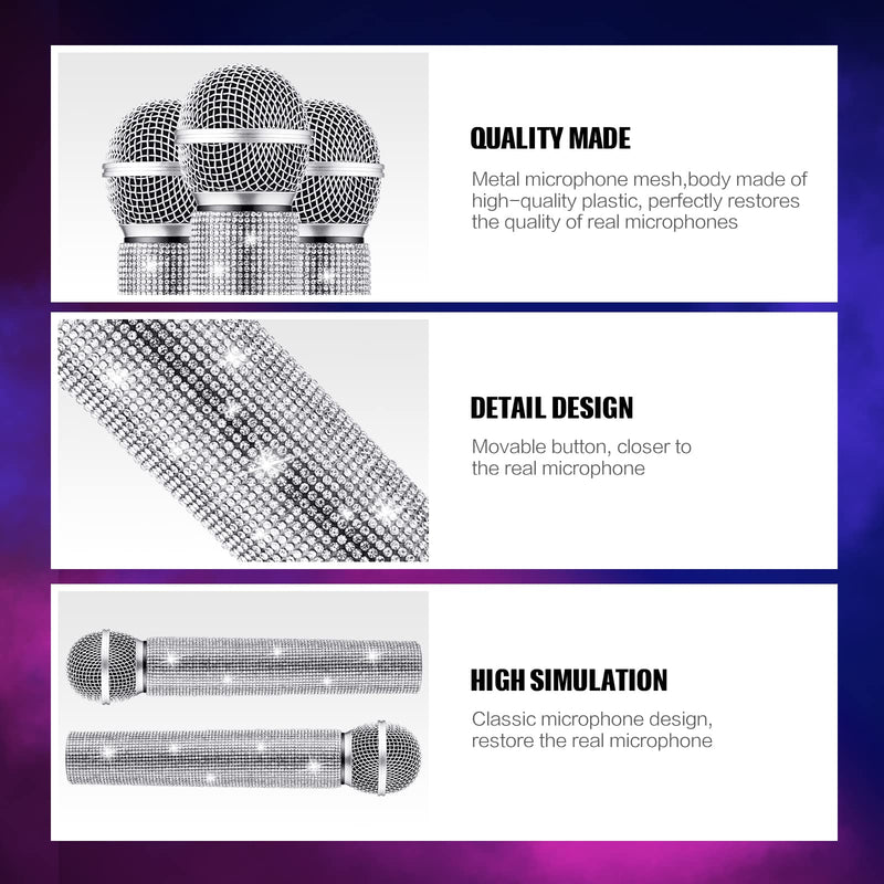 Threan 2 Pcs Fake Microphone Prop Halloween Toy Sparkly Glitter Rhinestone Bling Pretend Plastic Play Microphone Toy Mic Novelty Party Favor for Halloween Cosplay Party Costume(Silver) Silver