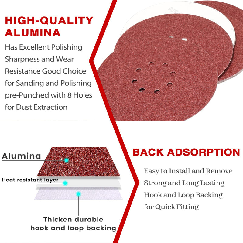 STEBRUAM sandpaper 225 mm Velcro, sanding disc 50 pieces 225 mm sanding discs for drywall sander sanding giraffe long neck sander sanding giraffe grit 10x P40/60/80/120/240 8 hole round 50 pieces - 40, 60, 80, 120, 240 grit