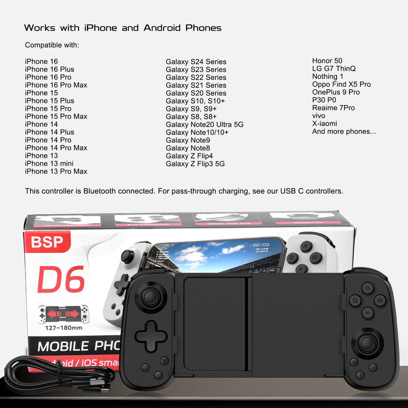 Joso Phone Controller for iPhone/Android/PC, D6 Wireless Game Controller for Switch/PS3/PS4 with Hall Joystick/Turbo/6-Axis Gyro/Dual Motor, iOS Android Controller Support Cloud Gaming/Remote Play Black