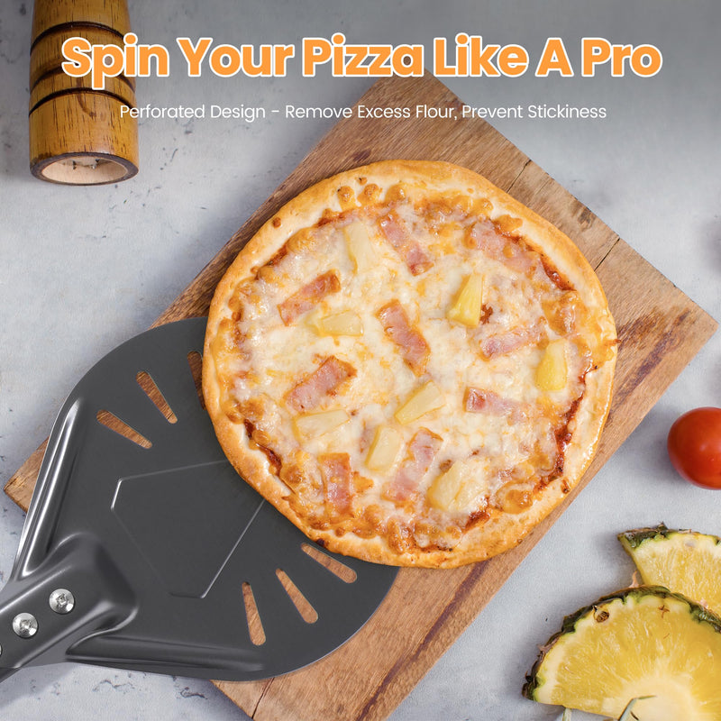 6” Pizza Turning Peel - Extra Long Handle Pizza Turner - Restaurant-Grade Aluminum Perforated Pizza Peel Lightweight Metal Outdoor Pizza Oven Accessories 6” Extra long handle turning peel Black