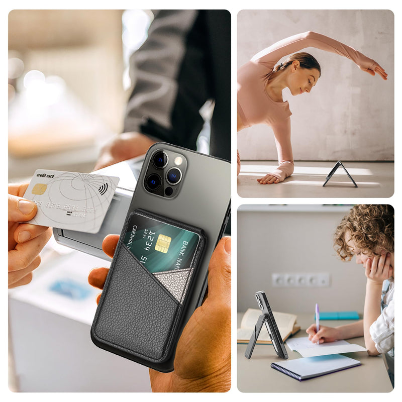 Arae Magnetic Phone Wallet, Compatible with MagSafe Wallet, for Apple iPhone 15/14/13/12 Series, Adjustable Stand with 4 Card Holder,RFID Blocking, PU Leather,Black Black
