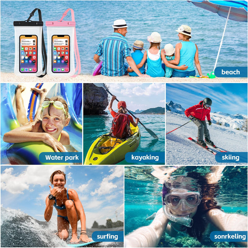 [2 Pack] Waterproof Phone Pouch/Case - IPX8 Large Cell Phone Dry Bag Beach Travel Essentials with Detachable Lanyard for iPhone 15/14/13 Pro Max/ S24 Up to 8.3”- [3D DESIGN] - Black & Pink