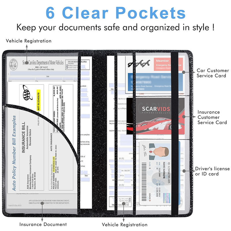 Caweet Car Registration and Insurance Holder Vehicle Glove Box Organizer Leather Document Holder for Driver's License, ID, Key Information Cards with Elastic Band Closure, Glitter Black