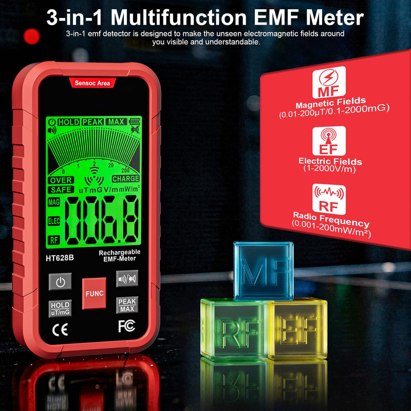 3-in-1 EMF Meter & Detector, Portable Rechargeable RF EF MF Tester with Sound & Light Alarm, for Home WiFi Signal & Electronics