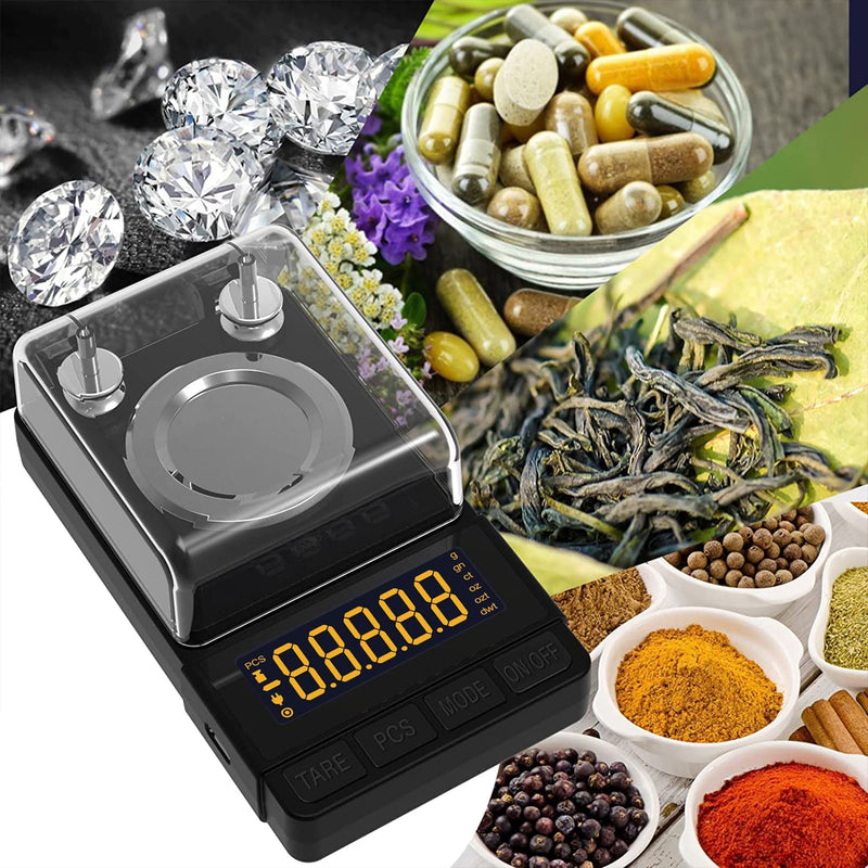 Reloading Scale 50 x 0.001g High Precision Gem Scale Supplement Powder Scale Milligram Includes 20g Calibration Weight, 2 Scoops, 4 Weighing Powder Pans Tweezers Read in Grain Gram Carat DWT oz ozt Silver