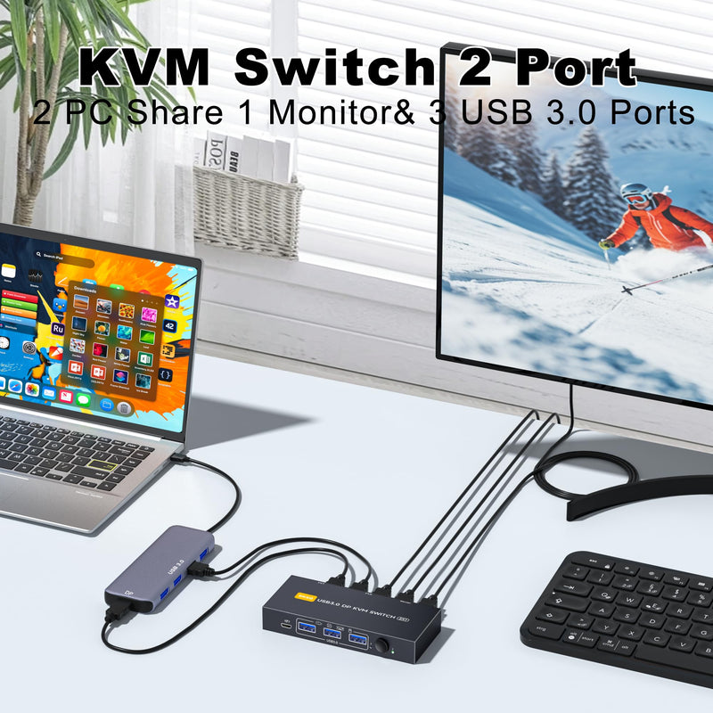 Displayport KVM Switch 1 Monitors 2 Computers 4K@144Hz USB3.0 KVM Switch for 2 Computers Share 1 Monitors and 4 USB Devices Support Extended/Copy Mode with Desktop Controller DP KVM SWITCH 1M 2 PC