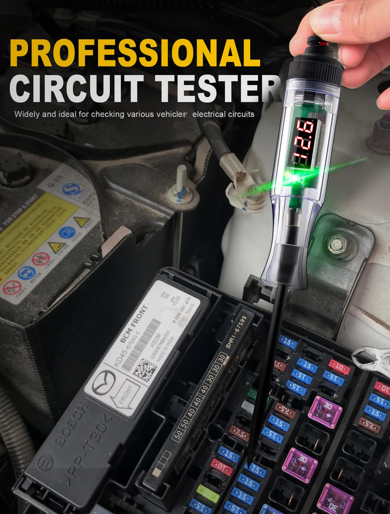 Test Light Automotive 5-90V Digital LED Circuit Tester with Voltage Display, Auto Bidirectional Voltage Tester, Electric Test Pen with Extended Spring Wire & Probe for Car RV Fuse Checker