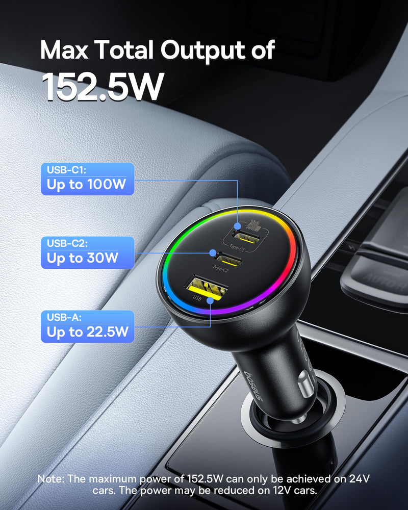 152.5W USB C Car Charger, Baseus Super Fast Charging 3 Ports Car Charger, PD3.0 QC4.0 Ultra Compact RGB Fast Type C Car PhoneCharger Adapter, for iPhone 17 16 15 14 Pro Max Samsung S24 MacBook iPad 152.5W with Cable