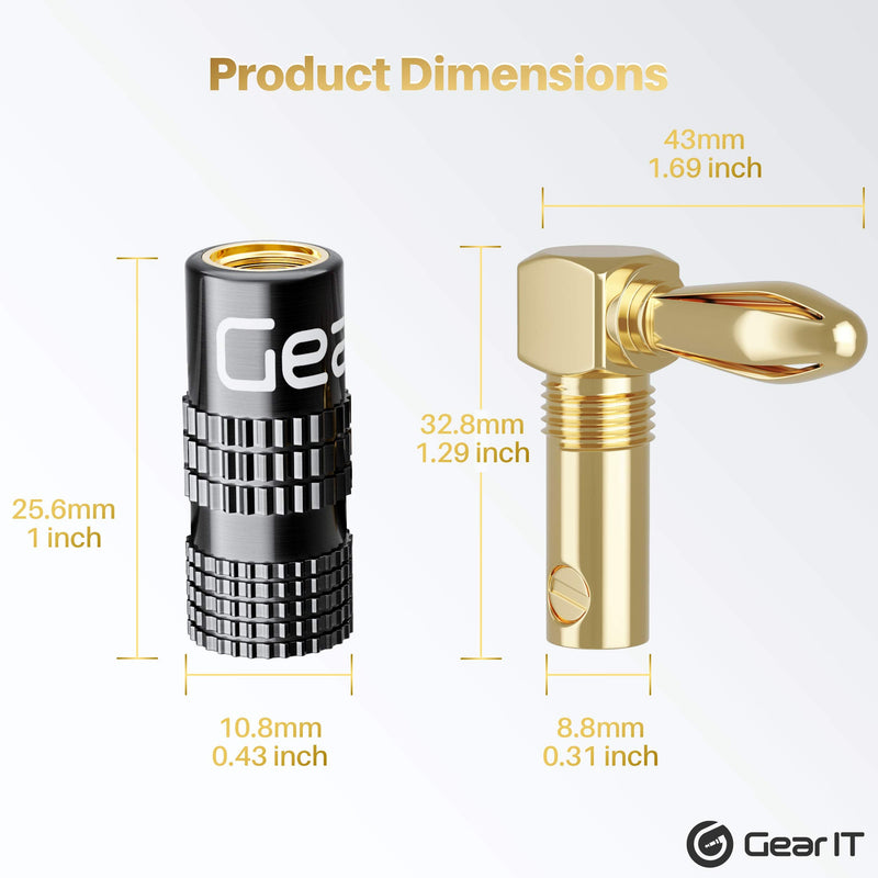GearIT Right Angle Banana Plugs for Speaker Wire (6 Pairs, 12 Pieces), 90 Degree Pin Plug Type, (Non Conductive Coating) Spring Clips Speaker Banana Jack Terminals (Support 12 AWG to 20 AWG Wires) Banana Plugs (90 Degree Right Angle )