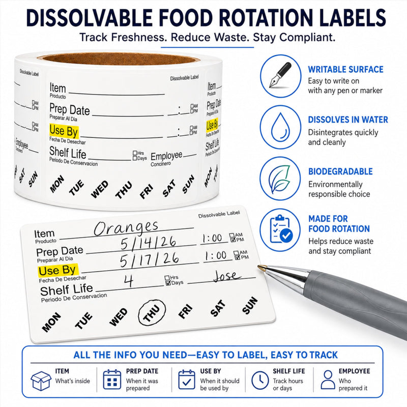 ChromaLabel Dissolvable Food Labels, 2" x 3", 500/Roll, Food Rotation Labels for Prep Date, Use By and Shelf Life, Writable Freezer Safe Labels for Food Containers, Biodegradable, No Residue