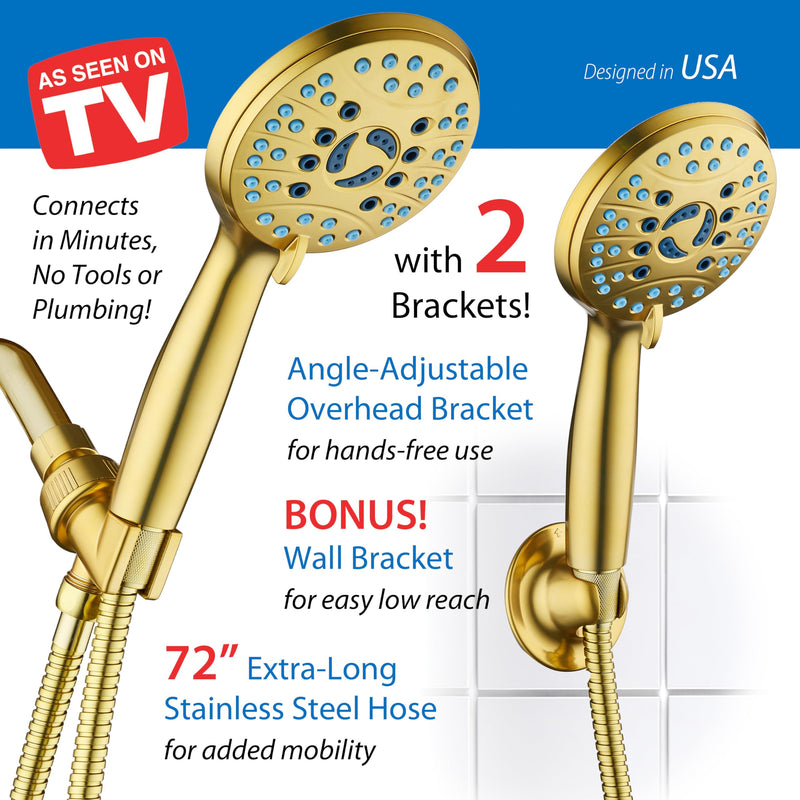 AquaCare High Pressure 8-mode Handheld Shower Head - Anti-clog Nozzles, Built-in Power Wash to Clean Tub, Tile & Pets, Extra Long 6 ft. Stainless Steel Hose, Wall & Overhead Brackets Modern Gold
