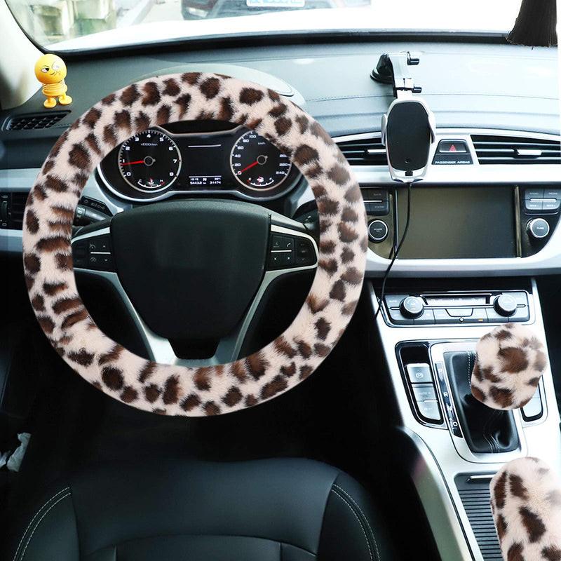 Fuzzy Steering Wheel Cover for Women Girls, Accmor Universal Fit 15 inch Fur Car Wheel Cover & Handbrake Cover & Gear Shift Cover Set, Fashion Leopard Winter Warm Fluffy Vehicle Wheel Protector Beige/Dark Brown Leopard short hair