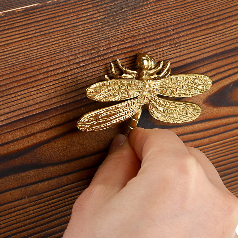 JUXYES Pack of 4 Brass Dragonfly Cabinet Knobs, Golden Tone Cupboard Door Knobs Decorative Dresser Drawer Handle Knobs for Dresser Drawer Cabinet Closet