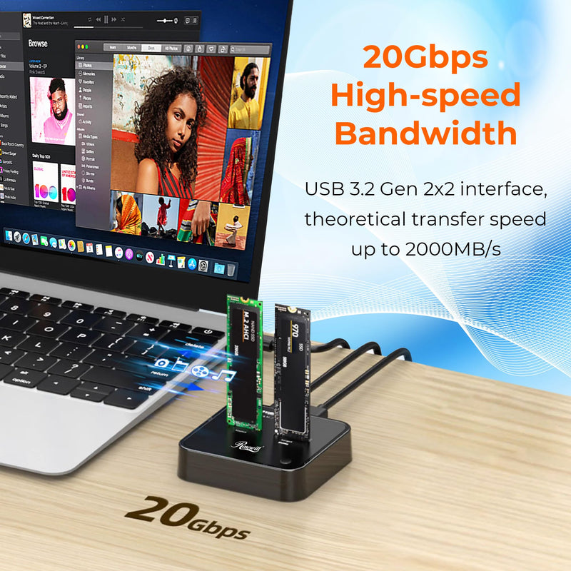 Rosewill Cloner, M.2 Duplicator Dual Bay Enclosure, Tool-Free 20Gbps USB3.2 Gen 2X2 to USB Adapter M.2 Docking Station for M Key PCIE Reader Supports Offline Clone-RS-N2-CL 20 Gbps
