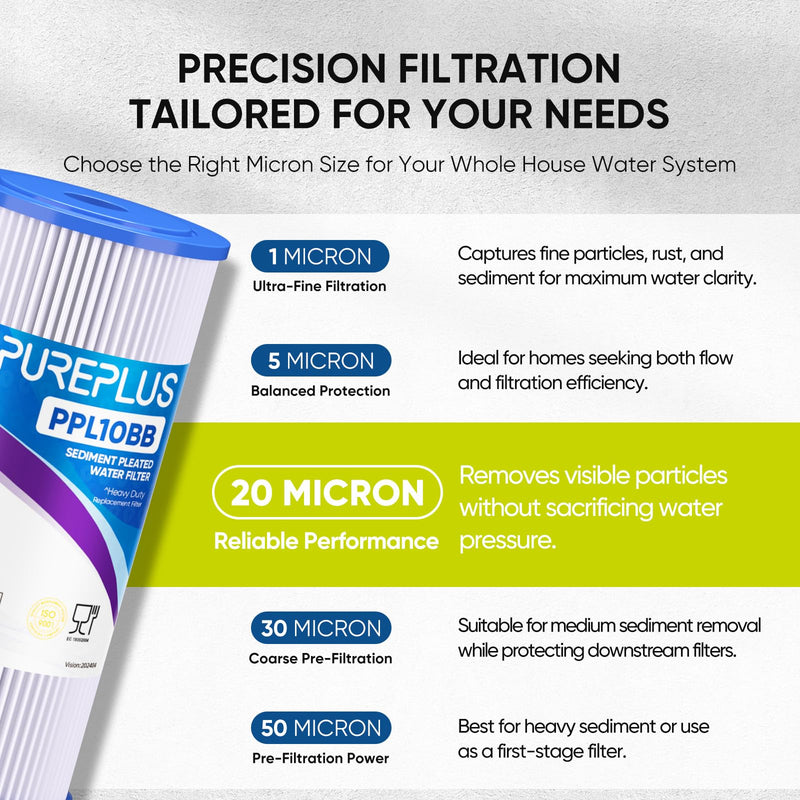 PUREPLUS 20 Micron 10" x 4.5" Whole House Pleated Sediment Filter for Well Water, Replacement Cartridge for GE FXHSC, Culligan R50-BBSA, Pentek R50-BB, DuPont WFHDC3001, W50PEHD, GXWH40L, 2Pack 2 Count (Pack of 1)