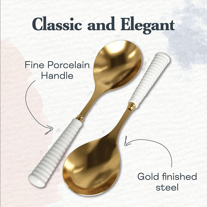 Portmeirion Sophie Conran Salad Servers 10-Inch - Set of 2, Gold Metal Spoons with Fine Porcelain Ripple Handles, Elegant Cutlery for Serving Salads & Dining Presentation