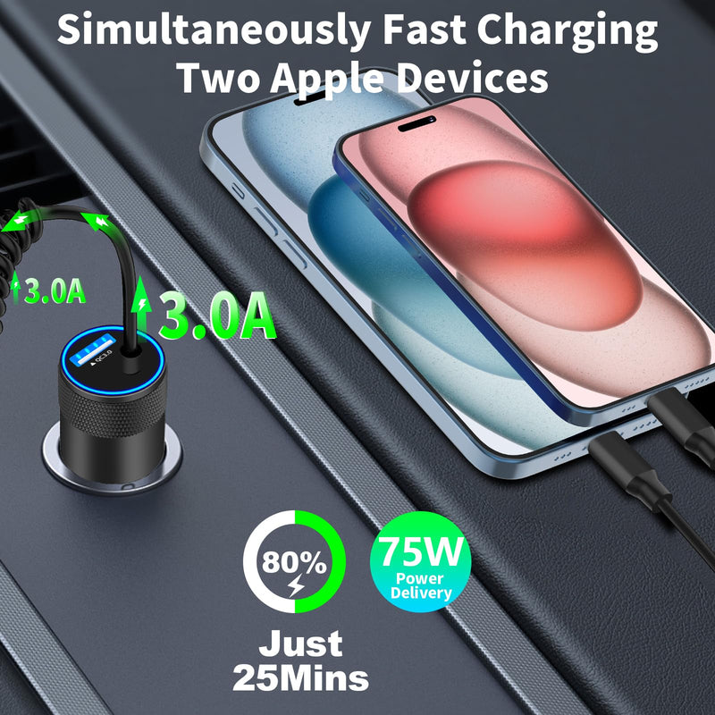 【MFi Certified】iPhone 15 Car Charger Fast Charging, Braveridge 75W USB-C PD&QC Car Power Cigarette Lighter USB Car Charger + 6FT Type-C Coiled Cable for iPhone 15 Pro/15 Pro Max, Galaxy S24/S23, Pixel Platinum Black(75W PD+QC3.0)