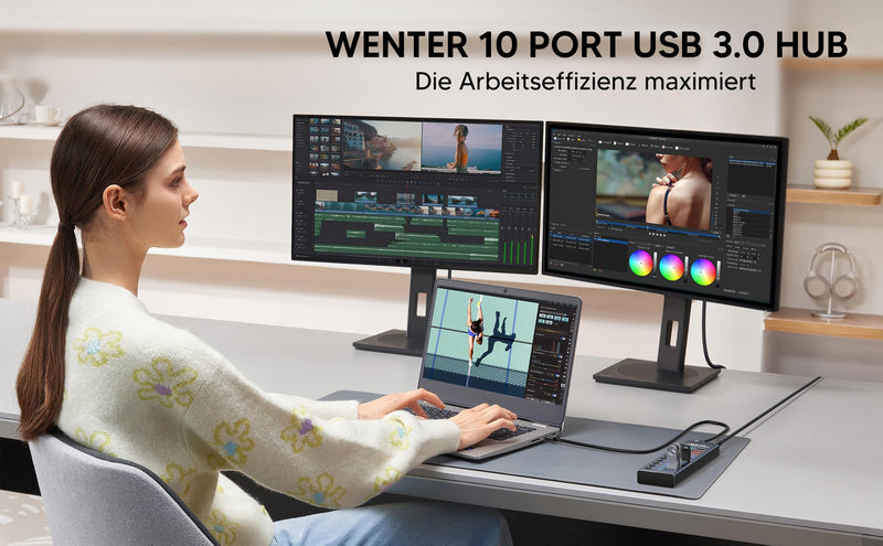 Boost Your Device Performance With Our Aluminum USB 3.0 Hub! 10-Port Splitter for Seamless Connectivity - 7 High-Speed Data Transfer, 2 Intelligent Charging, 1 PD Charging hub-9port+1pd