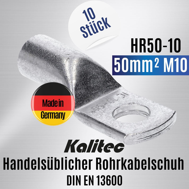 Pack of 10 Kalitec HR50-10 standard tubular cable lugs 50mm² M10 I without viewing hole I Made in Germany