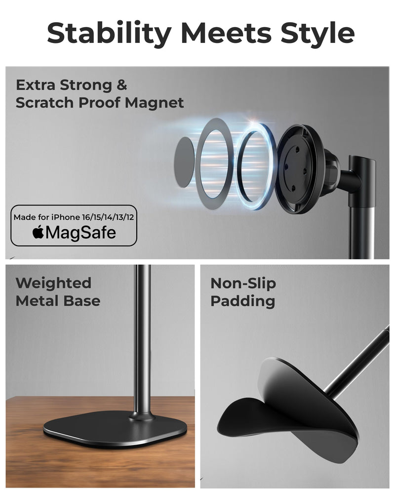 COOPER MagStand - Adjustable Magnetic iPhone Stand for Desk & Phone Holder for Video Recording, Compatible with MagSafe, Stand for iPhone 17 Pro Max, 16/15/14/13/12, Small Mag Safe Tripod (Black) Night Black