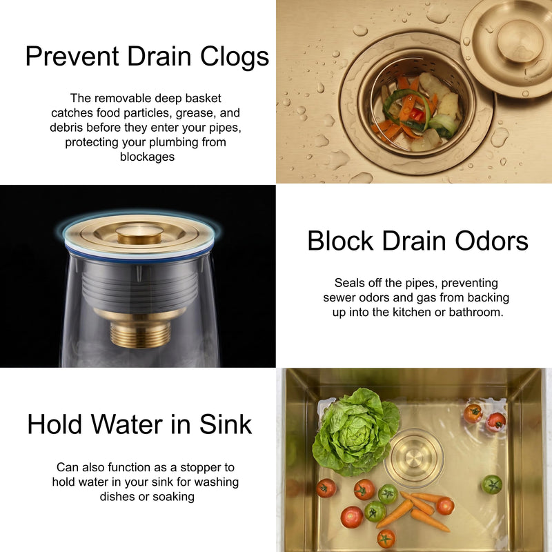 LQS Kitchen Sink Drain Strainer Assembly, Sink Drain 304 Stainless Steel with Removable Deep Waste Basket and Sealing Lid 3-1/2-inch Golden Deep Locking