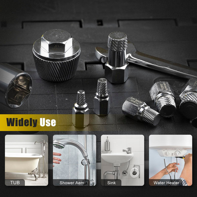 Topec 1.5'' Tub Drain Extractor, 8PCS Pipe Nipple Extractor Set with 1-inch Socket, Remove the Old, Broken, Stubborn, Rusted Drain Tub Bathtub Remover, Strong Grab Plumbing Tools with Storage Case