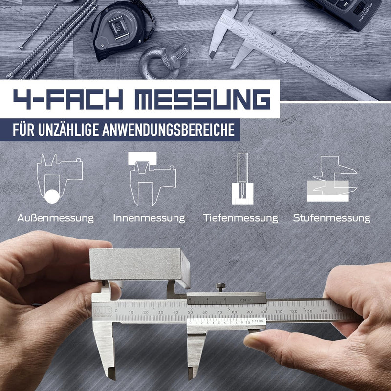 MIB Vernier Caliper Analogue 150 mm | Calliper Analogue | Vernier Caliper | DIN 862 | Thrust gauge made of stainless steel with locking screw | Matt chrome-plated | Caliper for precise 4-way DIN 862 150mm