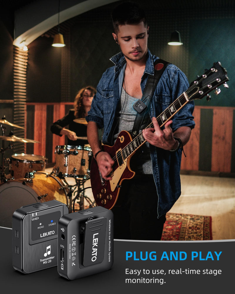 LEKATO Wireless In-Ear Monitor MS-20, 2.4G IEM System Low Latency, with Beltpack Transmitter Auto-Pairing Receiver, OTG Support, One to More, in-Ear Monitoring for Live Performance Singer Band Starter Grey