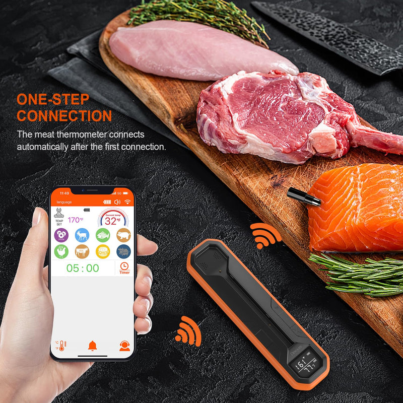 Wireless Meat Thermometer – Digital Cooking Thermometer with Wireless Probe – 500Ft Remote Range Food Thermometer – with iOS & Android Read App -Preprogrammed Temperatures for BBQ, Oven, Grill tangerine