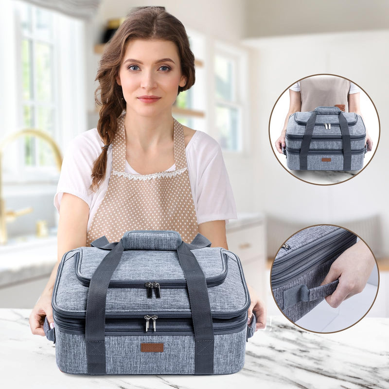 BAGSPRITE Expandable Insulated Casserole Carrier for Hot or Cold Food, Casserole Dish Carrying Case,Thermal Lasanga Lugger Tote for Pockluck, Parties, Picnic, Fits 9" x 13" Baking Dish, Grey Expandable Double Layers