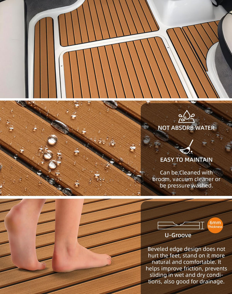 Hjdeck Boat Flooring EVA Foam Boat Decking with 3M Self-Adhesive Backing Non-Slip Boat Foam Flooring Marine Carpet DIY Faux Teak Sheet for Yacht Jon Boat Kayak Motorboat SUP Ramp RV Floor Helm Pad 47.2"x 16.1" - 5.2sqft Brown with Black Seam